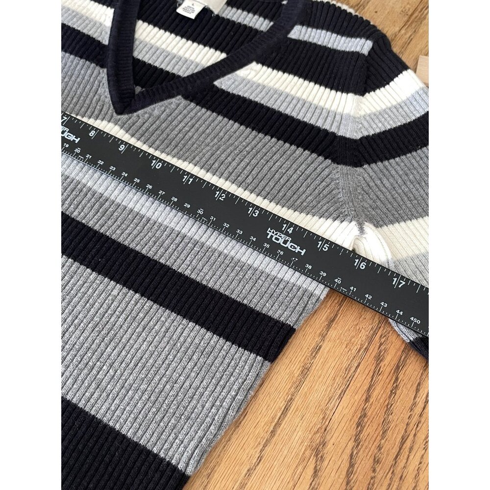 St Johns Bag V-Neck Sweater Womens L Black/Gray Stripe Fitted Long Sleeve 90s - Picture 5 of 6